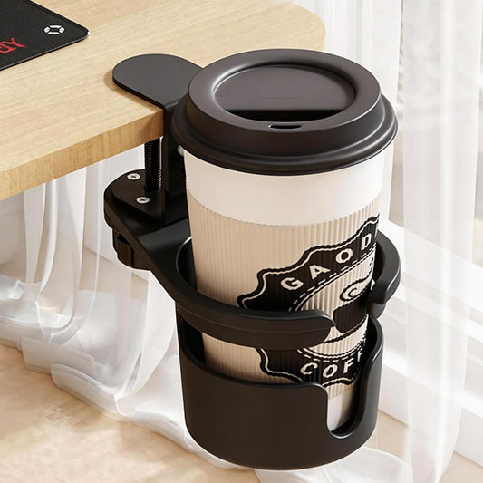 No Drill Desk Cup Holder Clamp, 360° Rotating Anti-Spill Table Cup Holder, Adjustable Clip on Cup Holder for Gaming Desk, Gamer Gift, Drink Holder for Coffee Cup, Office Accessories (Sleek)
