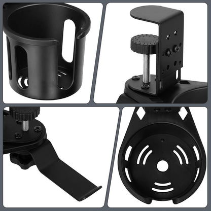 MYITYARD Desk Cup Holder Clamp, Anti-Spill Clip On Table Cup Holder, Rotatable Water Bottle Stand Drink Coffee Mug Storage, Office Accessories for Home and School (Black)