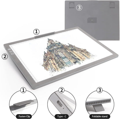 A4 Wireless LED Light Pad with Carry Bag, Innovative Stand and Top Clip, TOHETO Rechargeable Light Box Stepless Dimmable and 6 Levels Brightness Cordless Light Board for Tracing Weeding Vinyl (Black)