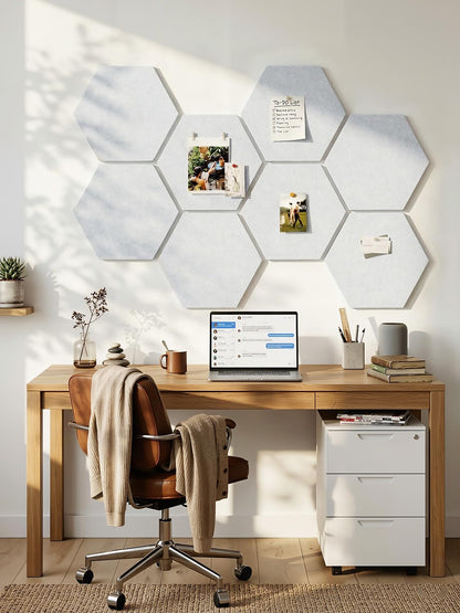 8 Pack Hexagon Felt Bulletin Board Tiles - 12" Large Thick Pin Board for Walls with 30 Push Pins, DIY Boards for Office Home School Decor, Aesthetic Hex Cork Board Alternative