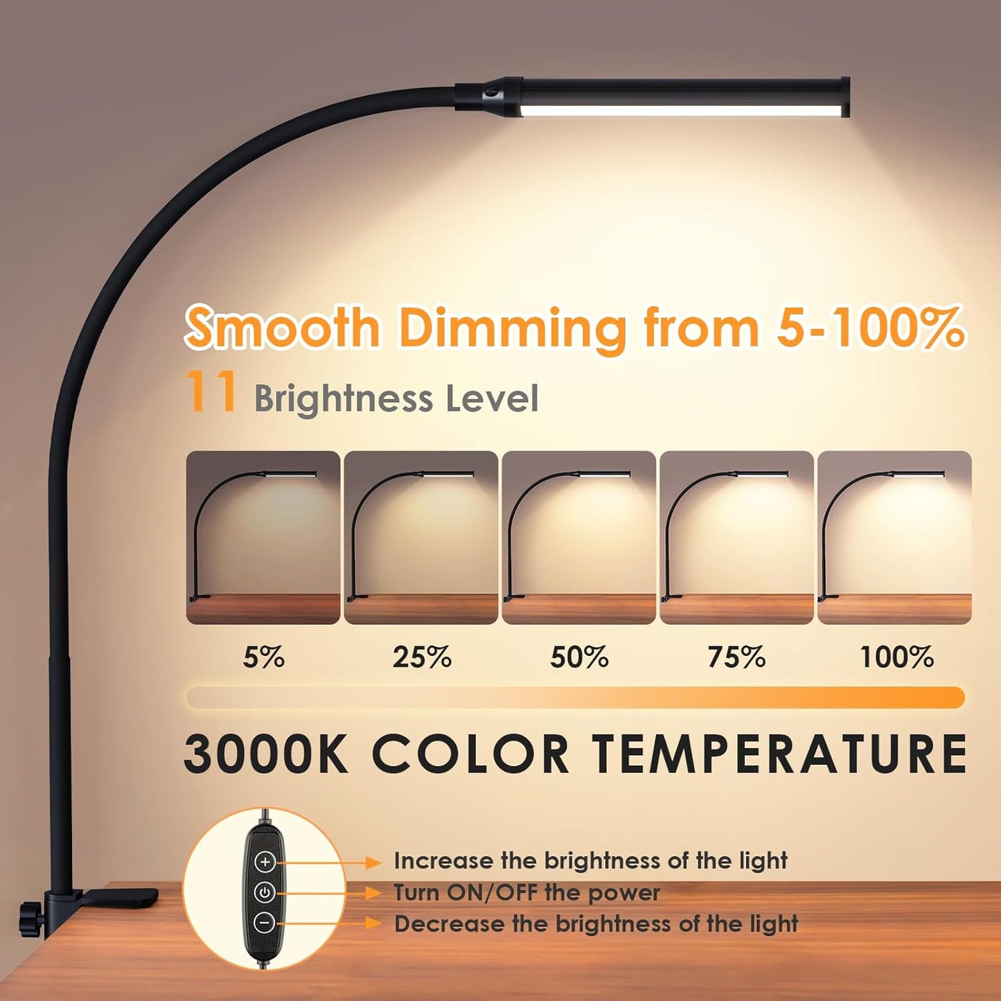 ShineTech LED Desk Lamp with Clamp, Eye-Caring Clip on Desk Light with 3 Color Modes & Stepless Dimming, 360° Flexible Gooseneck Desk Lamp for Home Office College Dorm with USB Adapter