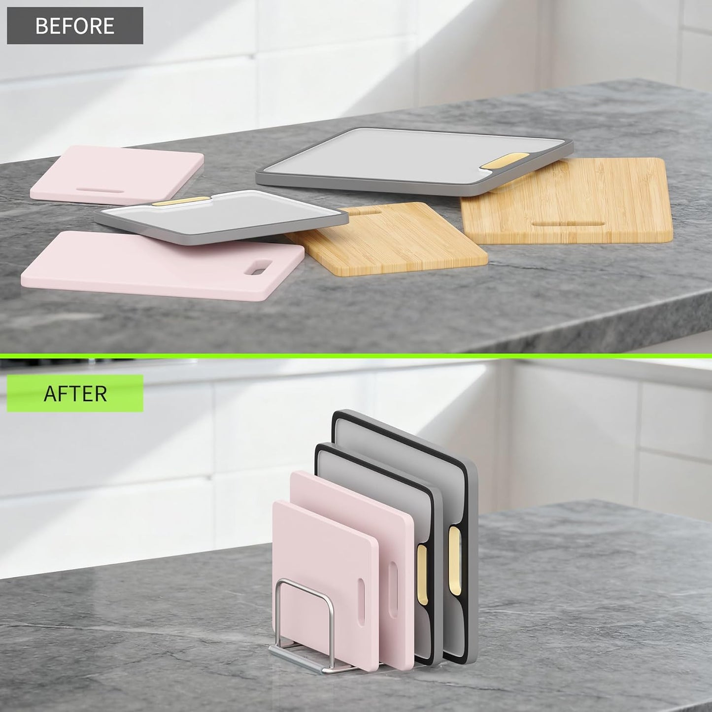 Cutting Board Holder Stand, Chopping Board Organizer Rack with 304 Stainless Steel, Cookie Sheet Storage Organizer, 1.0 & 1.2 Inch Wide Slots (1 Pack)