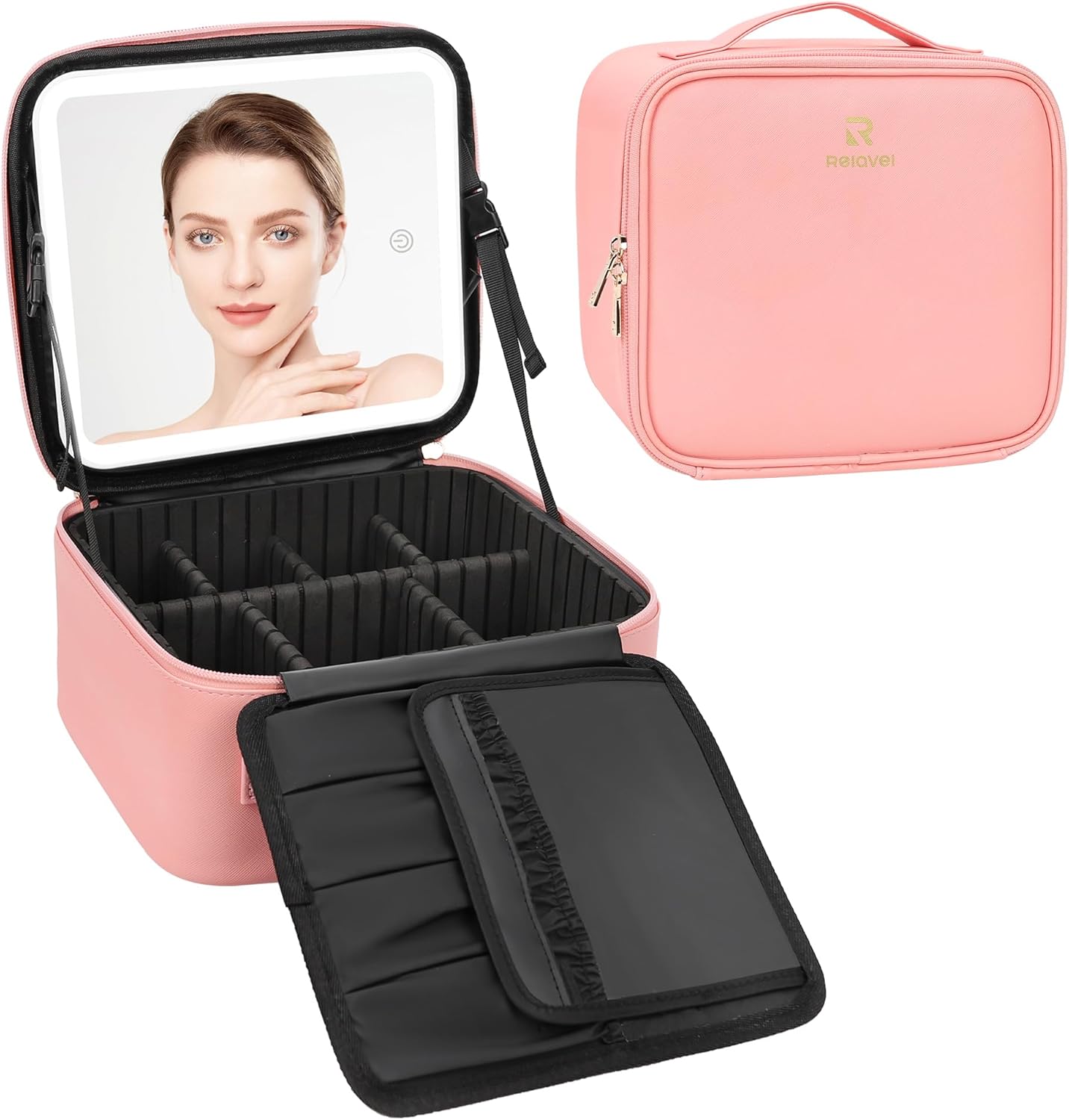 Relavel Travel Makeup Bag With LED Mirror, Cosmetic Train Case with Light up Mirror, Portable Makeup Artist Organizer Bag with Adjustable Dividers, Makeup Brush Holder Storage, Black