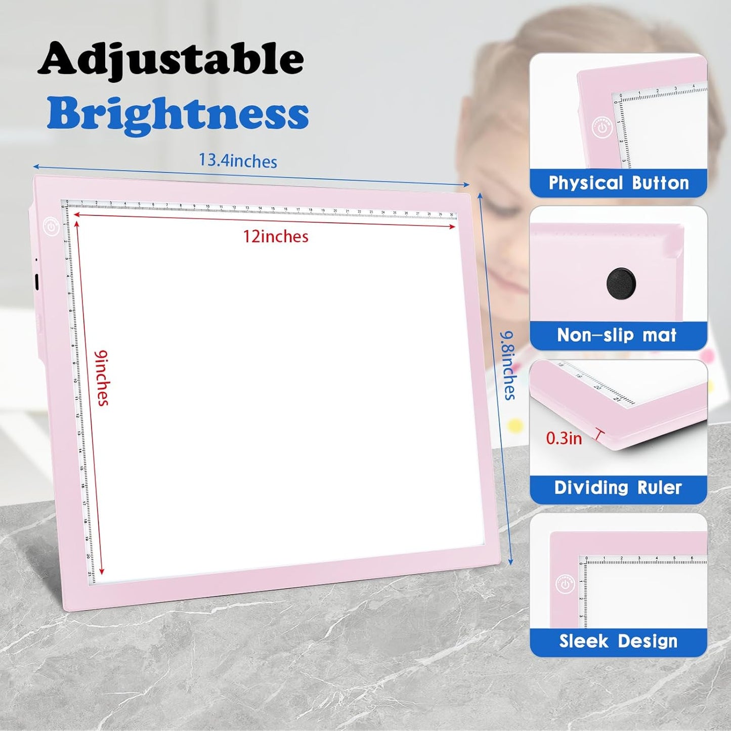 KIVOTAC A4 Rechargeable Light Pad, Portable LED Light up Box Ultra-Thin Brightness Dimmable Battery Powered Bright Copy Board for Weeding Vinyl, Sketching,Drawing,Tracing and Diamond Art