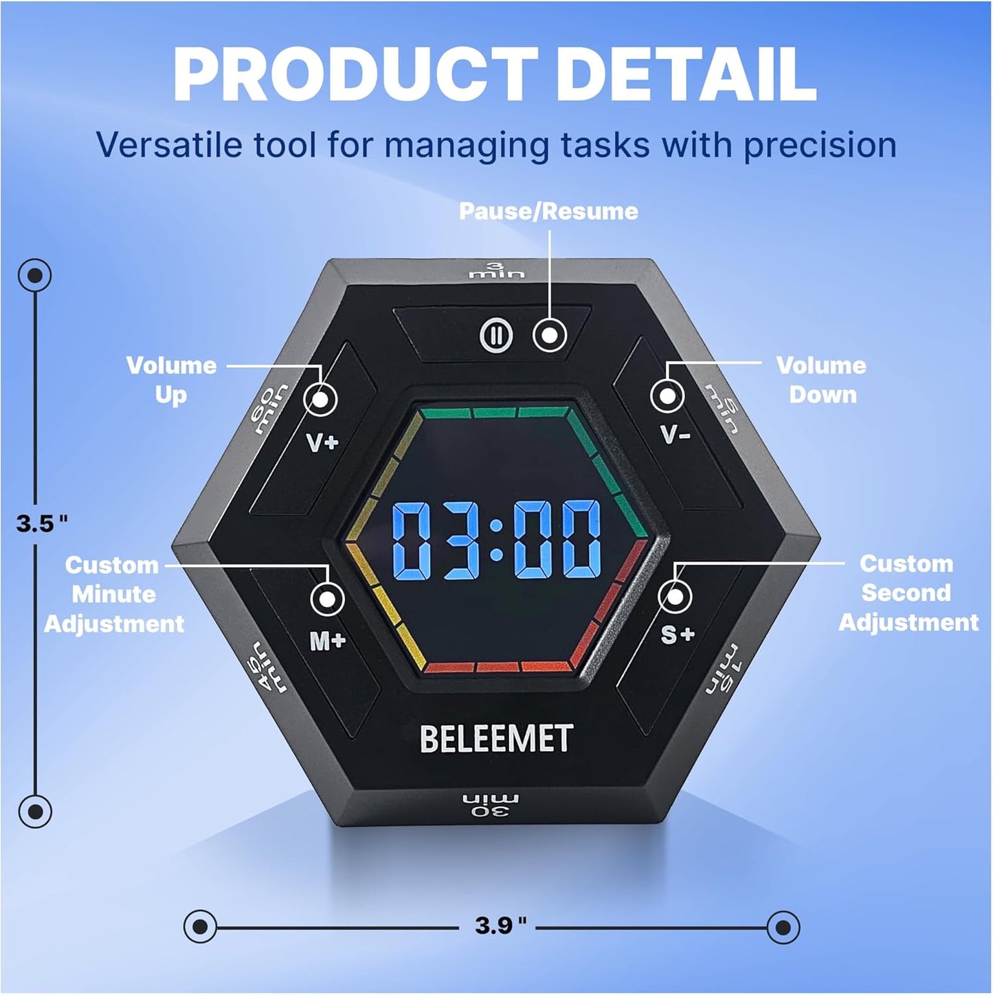 Pomodoro Timer,Hexagon Cube Magnetic Flip,ADHD Tools for Adults/Kids Task Timer for Office, Study, Exercise, Meditation,3/5/15/30/45/60min&Custom Digital Countdown, Adjustable Sound,Black