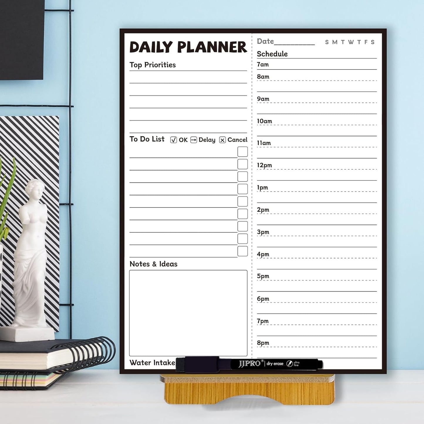 JJPRO Reusable Desktop Daily Planner with Stand,Reusable Time Schedule Board,11"x8.5" Hourly Schedule Dry Erase Board with Time Slots,Desk Hourly Dry Erase Board w/Engineered Wood Stand-Sage Green