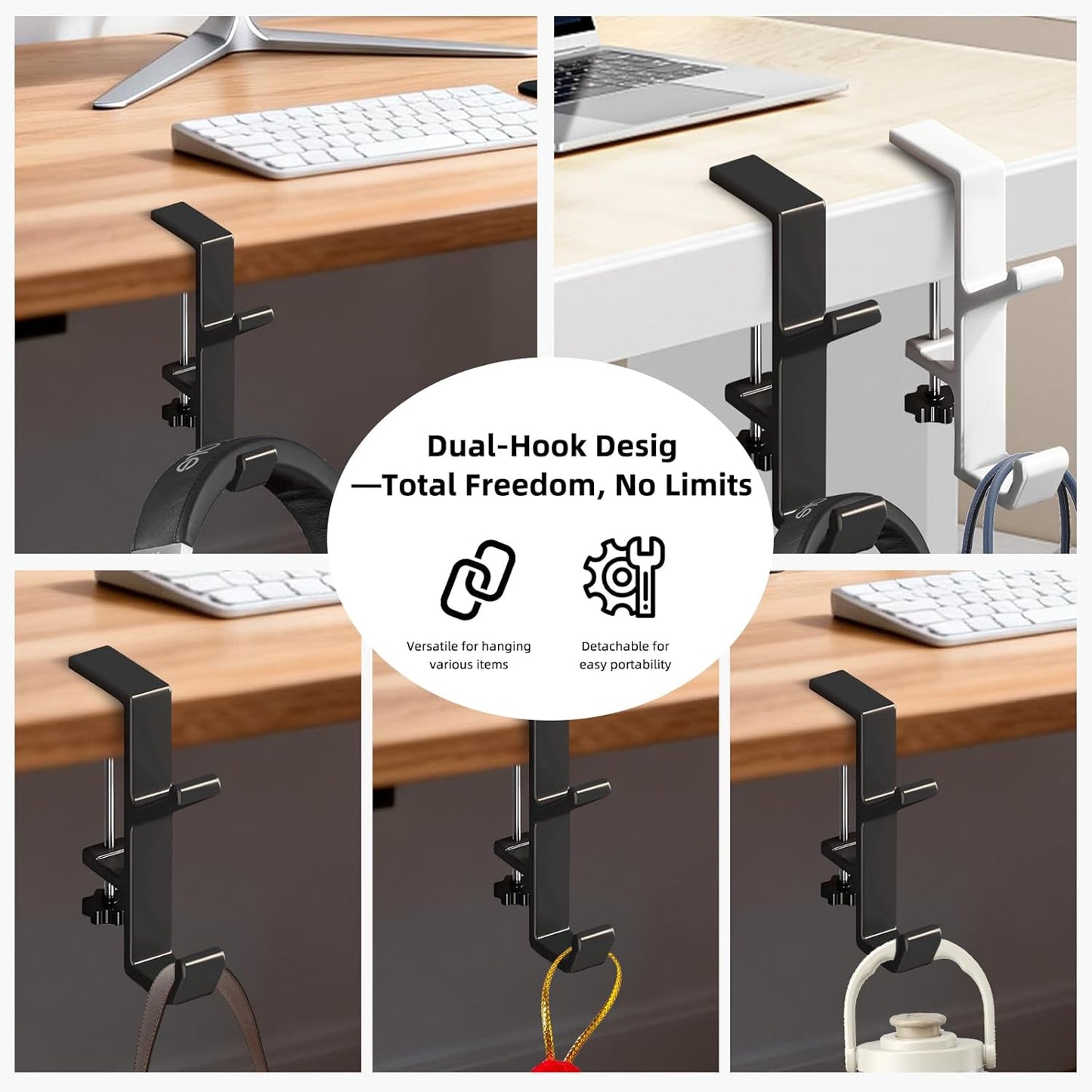 Desk Mount Bag Holder Hook Clamp,On Backpack Hanger Portable Desk Mount Headphones Holder for Reduce Desk Clutter Table Desk Table Hanging Storage (1 Pcs-Double Hook White)