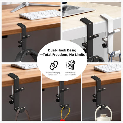 Desk Mount Bag Holder Hook Clamp,On Backpack Hanger Portable Desk Mount Headphones Holder for Reduce Desk Clutter Table Desk Table Hanging Storage (1 Pcs-Double Hook White)