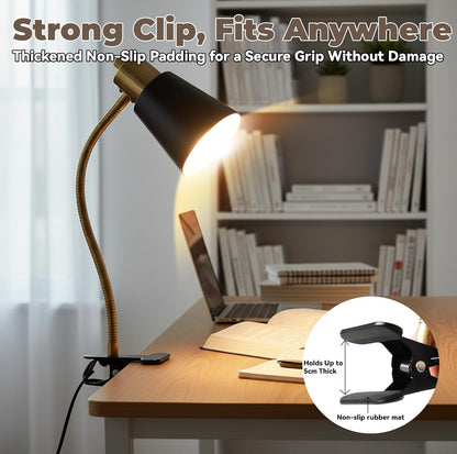 Desk lamp Eye-Caring Table Lamps, 360°Rotation Gooseneck Clip on Lamp Reading Light Portable Reading Book Light Clamp Study Desk Lamps for Bedroom and Office Home Lighting (Black)