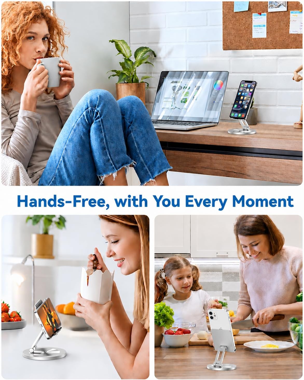 Phone Stand for Desk, 360° Rotating Dual Adjustable Foldable Holder, Heavy Solid All-Aluminum Base Anti-Slip Stable Support for Home Office Study, Fits iPhone Galaxy 4-8" Phones (Silver)