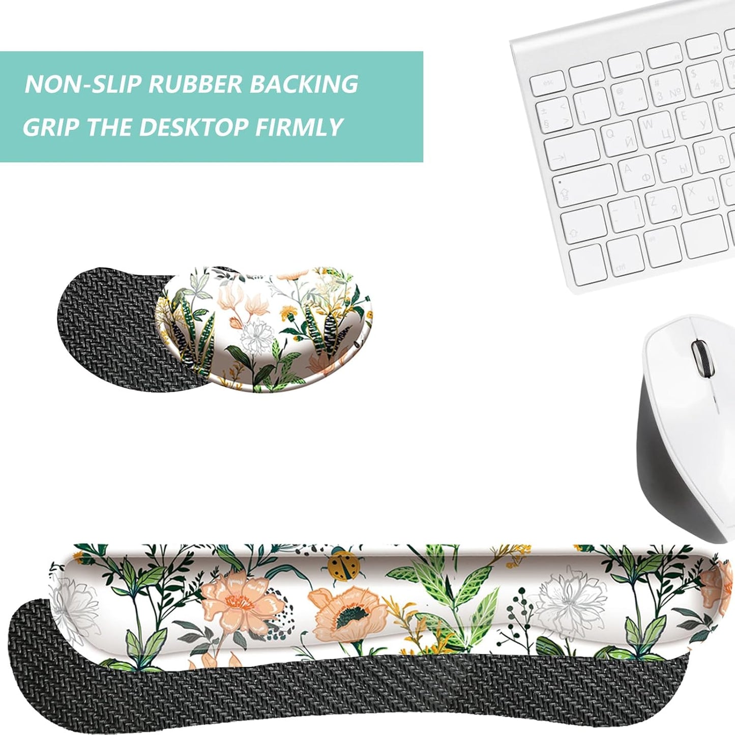 Keyboard Wrist Rest Mouse Wrist Support Set, Memory Foam Wrist Rest Pad for Computer Laptop Keyboard Mouse, Ergonomic Wrist Cushion Support for Typing Pain Relief, Gaming Home Office, Flowers Grass