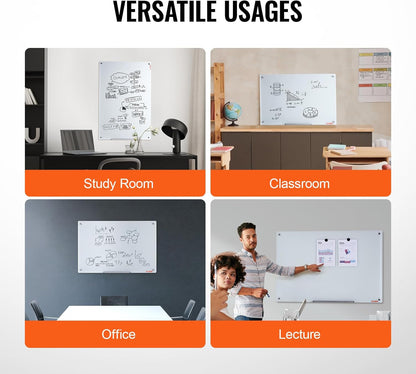VEVOR Magnetic Glass Whiteboard, Dry Erase Board 36"x24", Wall-Mounted Large White Glassboard Frameless, with Marker Tray, an Eraser and 2 Markers, Black