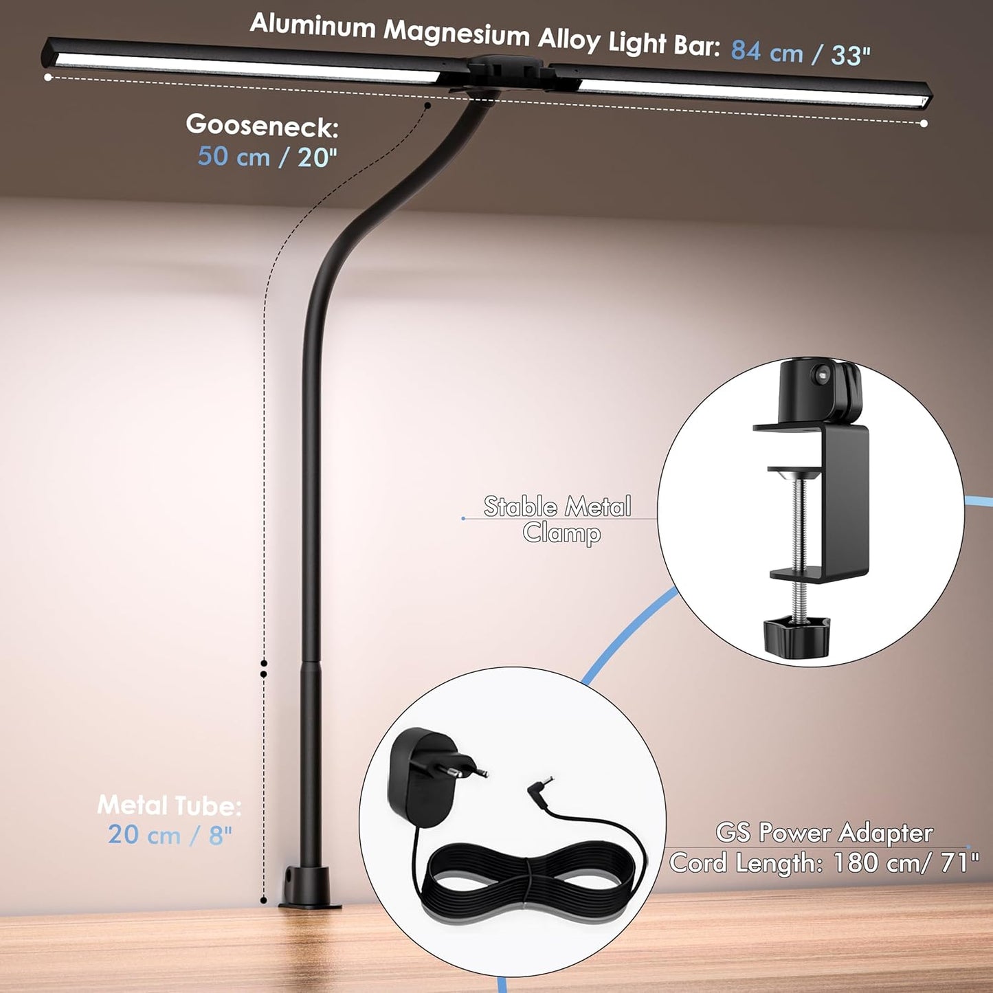 EYOCEAN Desk Lamp with Clamp, 31.5" LED Desk Lamp for Home Office, 24W Double Head Desk Light, Dimmable & Color Temperature, Table Lamp with Remote Control, Brightest Computer Monitor Light
