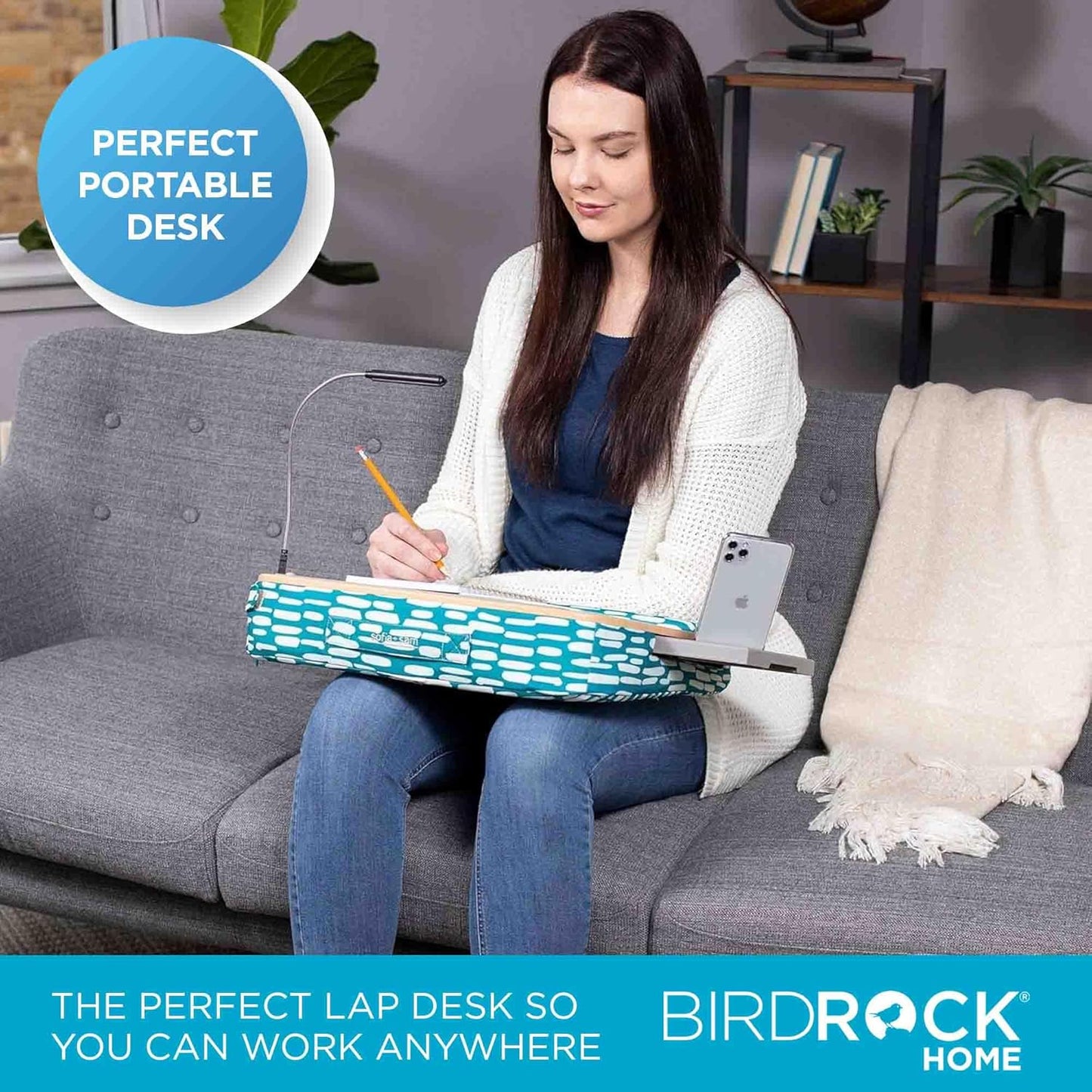 BIRDROCK HOME Deluxe Lap Desk with Pillow Cushion and Wrist Rest - Padded Laptop Desk for Bed, USB Light and Mouse Pad, With Reading Light, Soft Table for Home, Fits Laptops Up to 15" - Teal and Brown