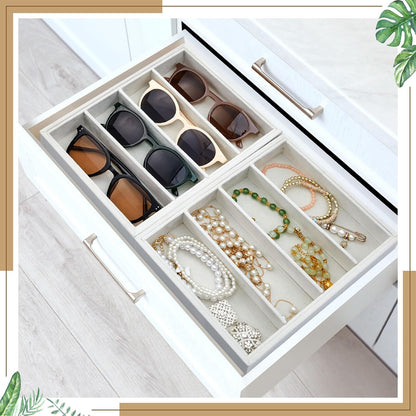 Amylove 4 Pcs Gray Sunglass Organizer Trays 4 Grids Velvet Glasses Holder Jewelry Display Organizer Eyeglasses Storage Box Drawer
