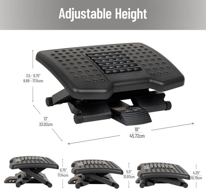 Mind Reader Foot Rest, Under Desk at Work, Ergonomic, Height Adjustable, Office, Plastic, Black