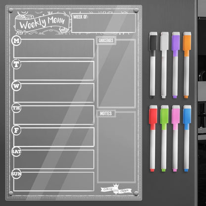 CHALKY CROWN Magnetic Dry Erase Menu Board for Fridge Includes 4 Liquid Chalk Markers - Weekly Meal Planner Blackboard, Grocery List & Notepad for Kitchen Refrigerator - Chalkboard Magnet 15.6" x11.6