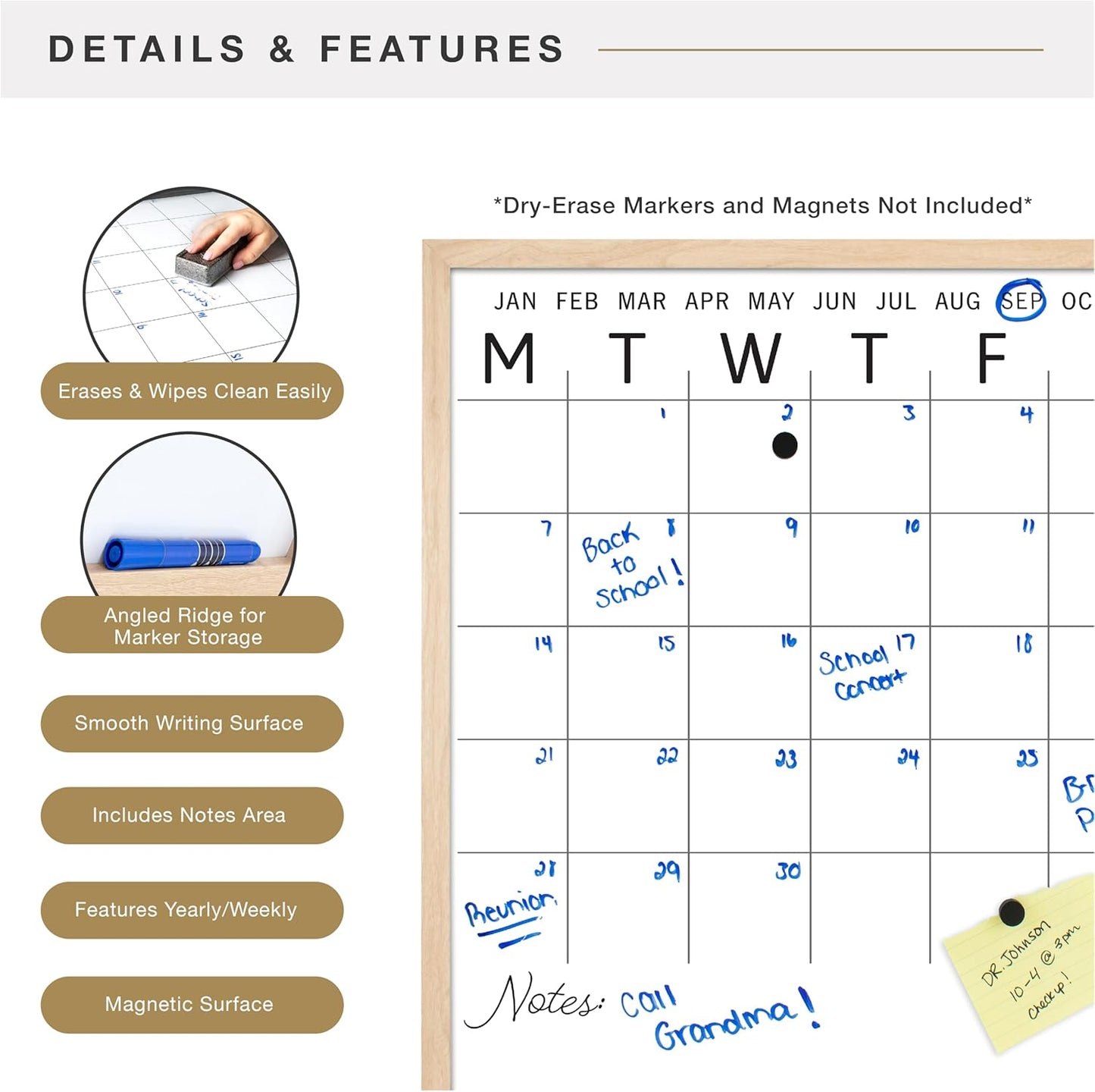 MCS Dry Erase Weekly Planner 11x24 Walnut Framed Calander Whiteboard for Wall, Plan Your Week with Family Weekly Planner for Dinners, Sports, Events & More