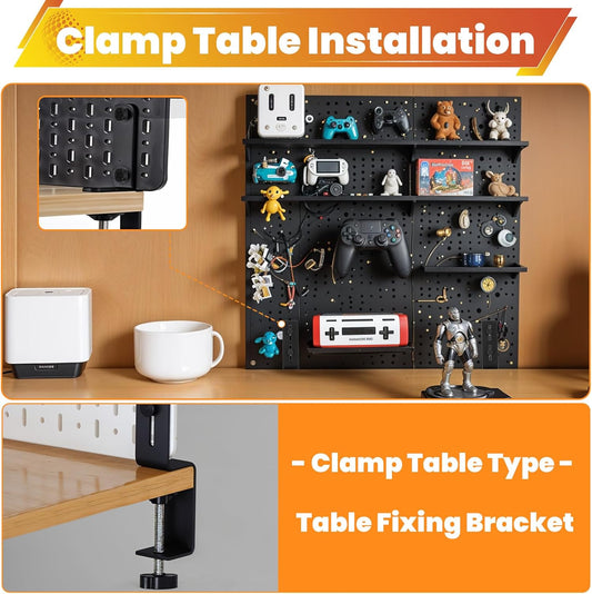 2 Pcs Desk Clamps, Pegboard Desk Clamp, Pegboard Mounting Brackets Desktop Fixing Brackets, Office Game Home Desktop Accessories Bracket, Pegboards Organizer Metal Bracket (Black)