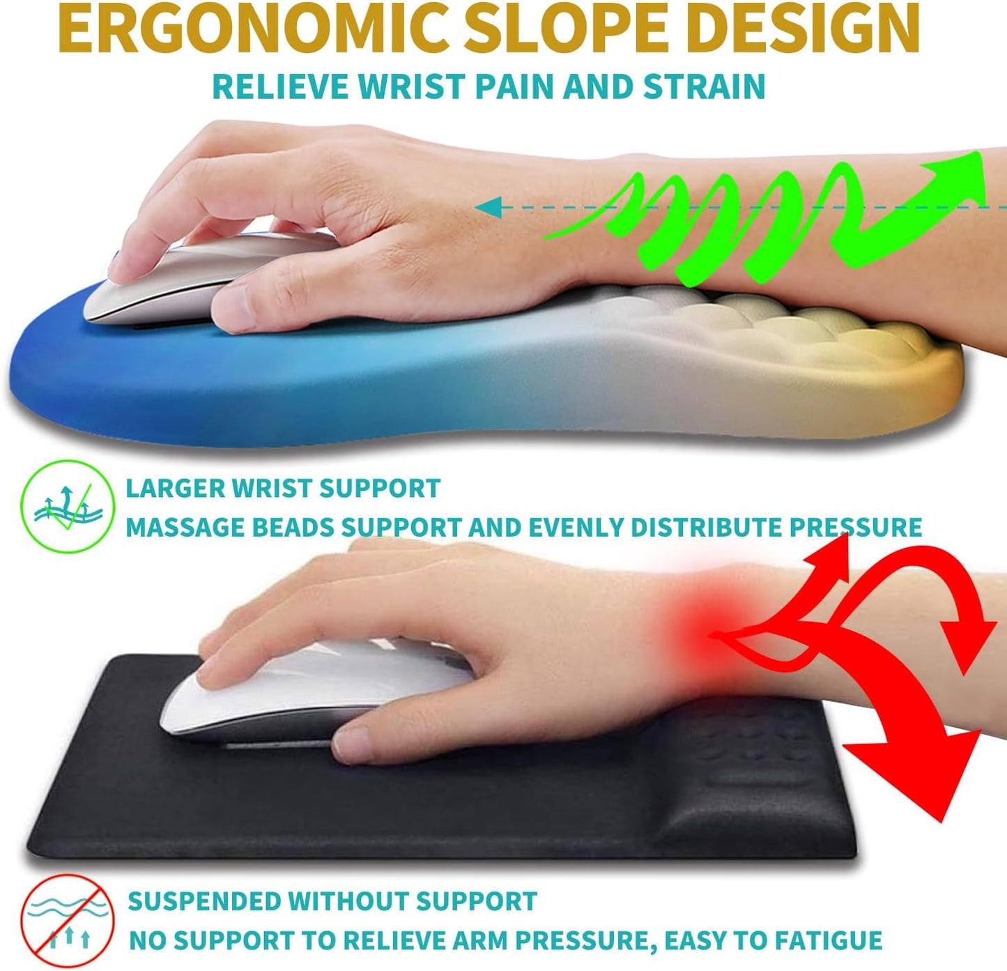 Hokafenle 2 in 1 Ergonomic Mouse Pad Wrist Support & Wrist Rest for Computer Keyboard Set, with Relieve Carpal Tunnel Pain Massage Bulge and Full Memory Gel Design (2In1 Set, Black)