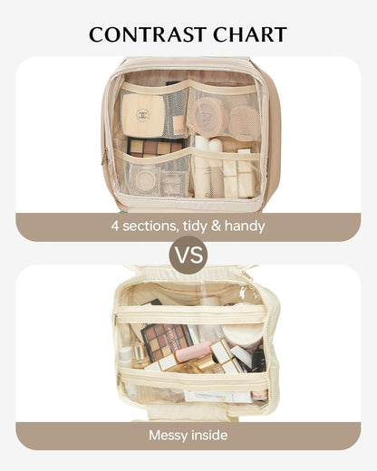 EACHY Toiletry Bag with Hanging Hook, Travel Makeup Bag PU Leather Cosmetic Bags for Women Make Up Organizer with 4 Compartments Waterproof Full-Size Portable Travel Essentials (Beige)