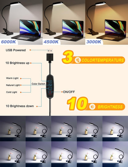 Desk Lamp with Clamp-10W，2-in-1 with RGB Ambient & Warm White Light,Book Reading Light Color Changeable/Flexible Gooseneck LED Lamps Clip on Bed Headboard and Computers 800LM-Black