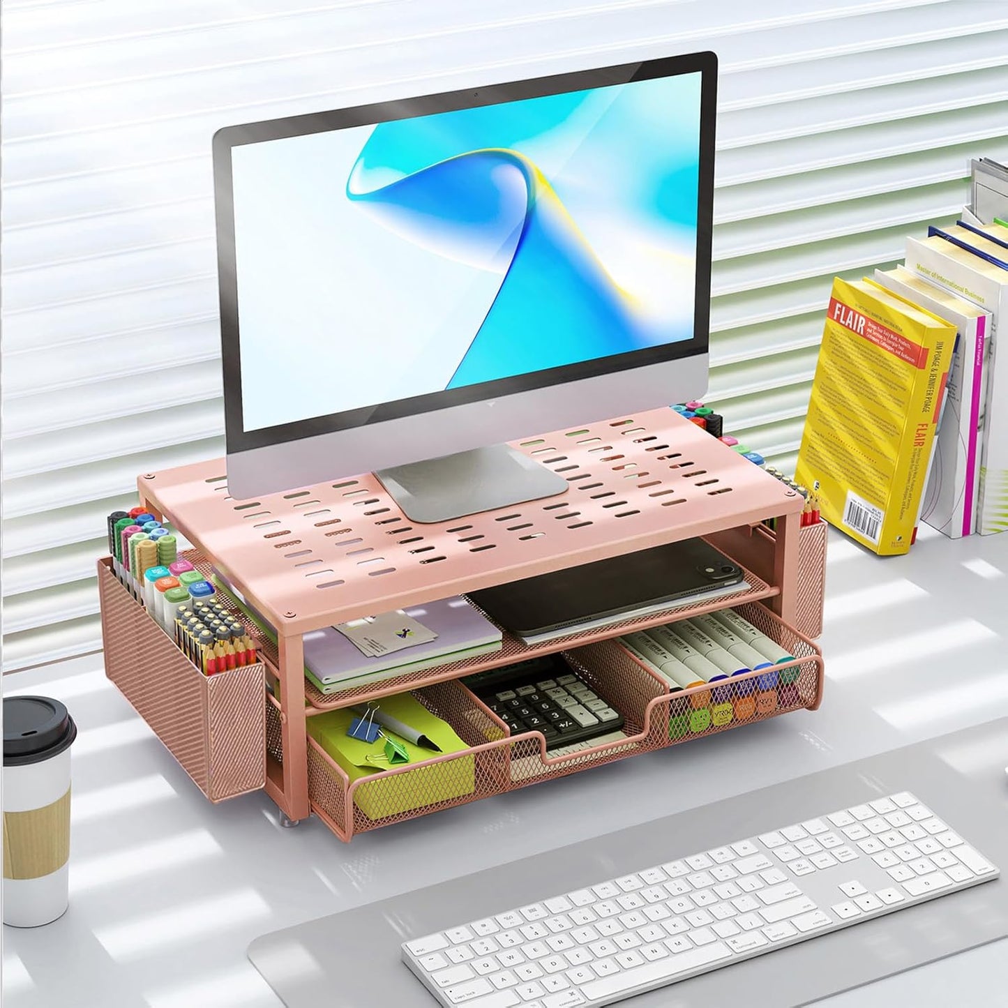 gianotter Monitor Stand Riser, Office Desk Shelf Organizer, Desk Organizer with Drawer and Pen Holder, 2-Tier Computer Stand, Office Organization (Ink)