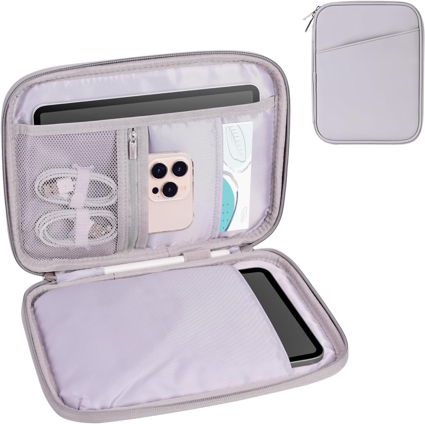 8-9 Inch Tablet Sleeve Bag, Padded Travel Pouch for Galaxy Tab A9 8.7/Tab A 8.4/Fire HD 8, Portfolio Style with Mesh Pocket and Compartments for Accessories (PU-Gray9)