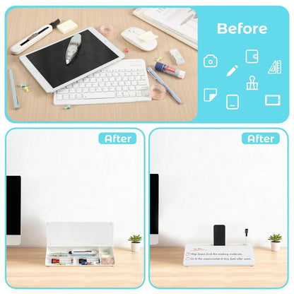 Glass Desk Whiteboard with Storage, 6.8" x 15.8" Small Dry Erase Board, Desk Board with Computer Keyboard Stand & Built-in Drawer, Includes 4 Markers, 1 Eraser for Office, Home, School