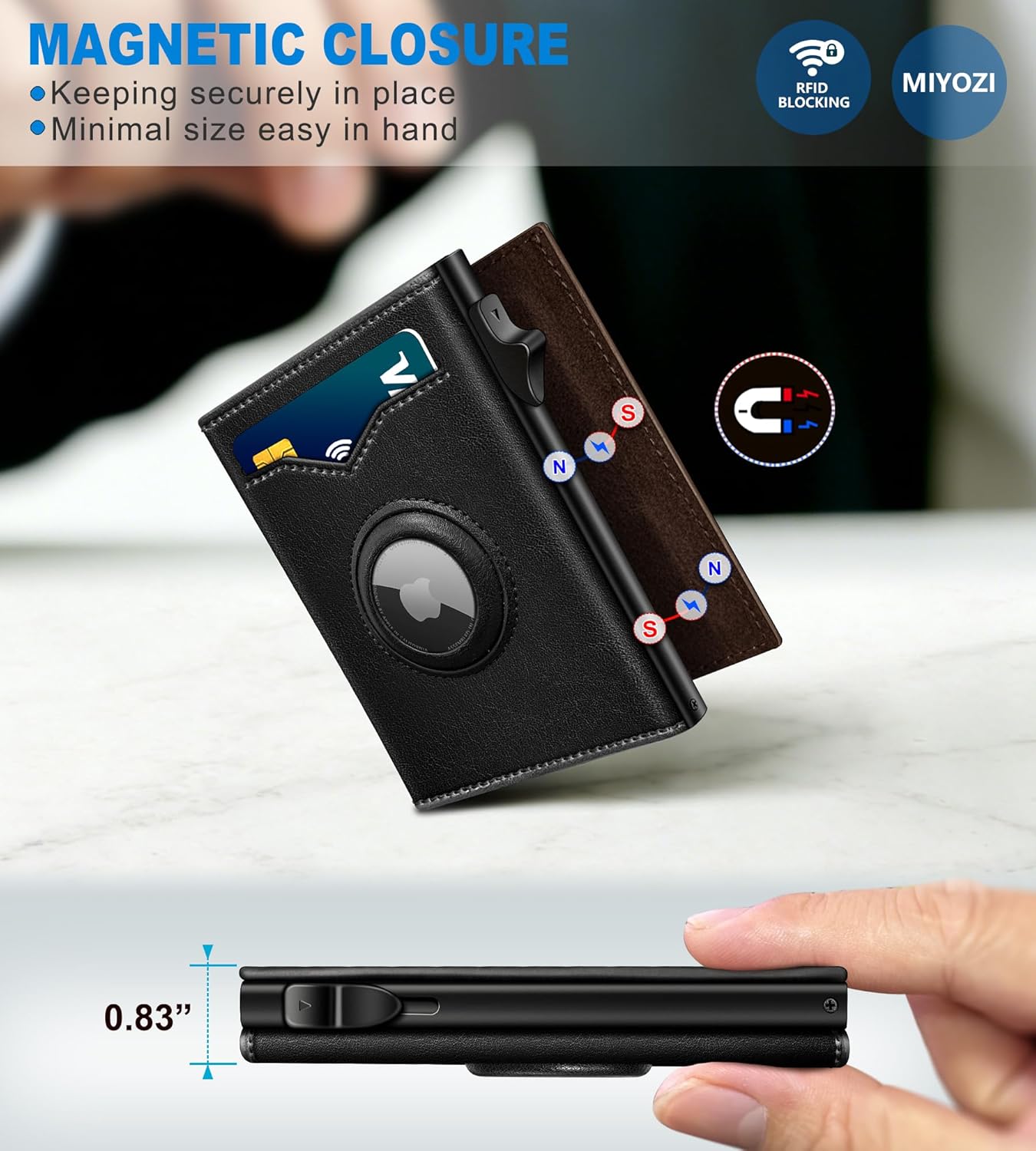 miyozi Airtag Wallet for Men,with Cash Pocket 2 ID Window 9-12 Cards,Metal Case Smart Slim Pop Up Credit Card Holder Flip with Magnetic Closure RFID Blocking Trifold wallet with Gift Box