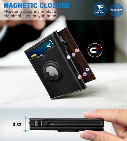 miyozi Airtag Wallet for Men,with Cash Pocket 2 ID Window 9-12 Cards,Metal Case Smart Slim Pop Up Credit Card Holder Flip with Magnetic Closure RFID Blocking Trifold wallet with Gift Box