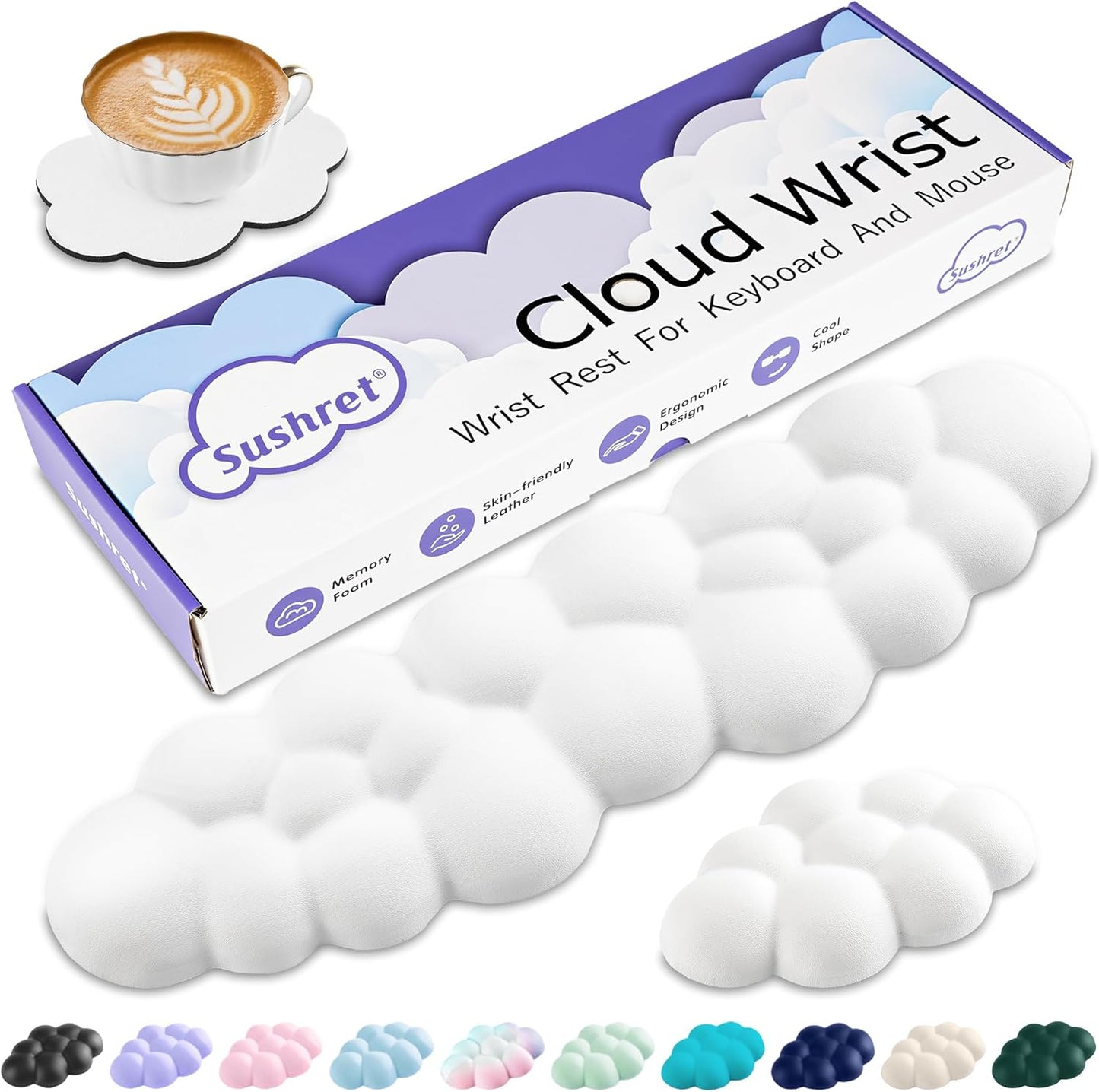 Sushret Cloud Wrist Rest Keyboard, Cloud Keyboard Wrist Pad Set with PU Leather Memory Foam, Cute Arm Rest for Palm Support, PC/Gaming Desk Accessories/Office Setup/Computer Hand Cushion - White