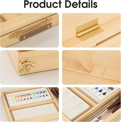 LUCYCAZ Art Easel for Painting, Tabletop Painting Easel Set for Kids, Pine-Wood Portable Easel Stand for Artists with Canvas, Acrylic Paints, Brushes, Palette and Palette Knives for Adults Beginners