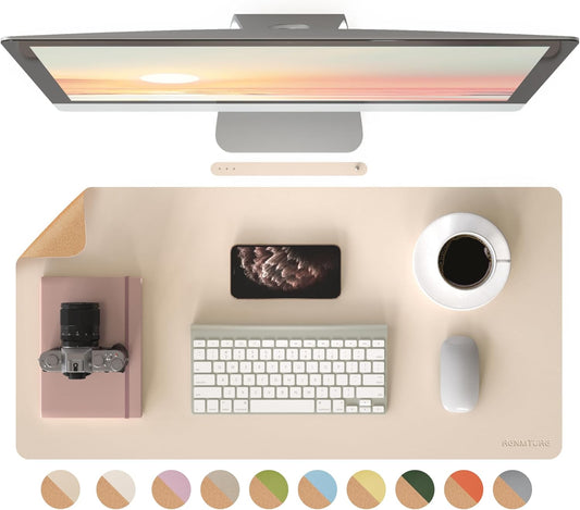RENMTURE Desk Pad, Cork & PU Leather Desk Mat, Large Mouse pad, Non-Slip Desk Protector and Blotter, Waterproof Writing Pad, Desk Accessories and Organizers for Home Office (Light Yellow, 32"x16")