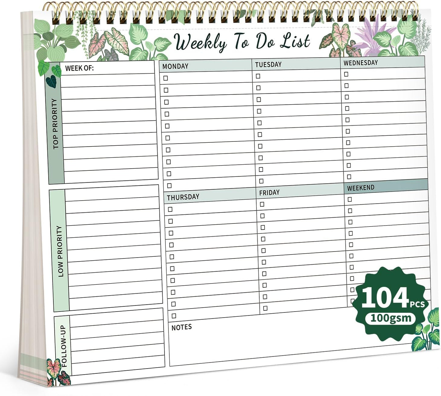 104 Pgs Weekly To Do List Notepad, 52 Duplex-Printed Undated Sheets 100 GSM（8.5"×11") Weekly Desk Planner For Work Home School Office Desk Accessories Supplies & Goal Setting Tasks - Green