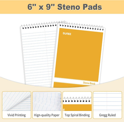 SUNEE 2 Pack Steno Pads 6x9, Gregg Rule, 60 Sheets, Spiral Notebook 6x9, White Paper, Take Notes with Top Spiral Notebook, for School, University, College, Work, Office, Yellow