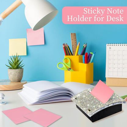 Rhinestone Self Sticky Note Holder Post it Note Dispenser Pop-Up Sticky Notes Dispenser 4 x 4 inch Post it Dispenser for Office Desk Accessories(Pink)