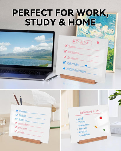 Dry Erase Acrylic Whiteboard 9x12 – White Surface or Dotted Grid – Desktop Writing Board with Wood Base – Reversible Horizontal & Vertical Display (Plain White)