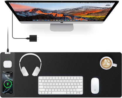 Wireless Charging Mouse Pad with Foldable Phone Holder, 31.5"x15.8" Large Desk Mat for Laptop/Keyboard, Waterproof Ultra-Smooth Surface, Non-Slip Base, Black