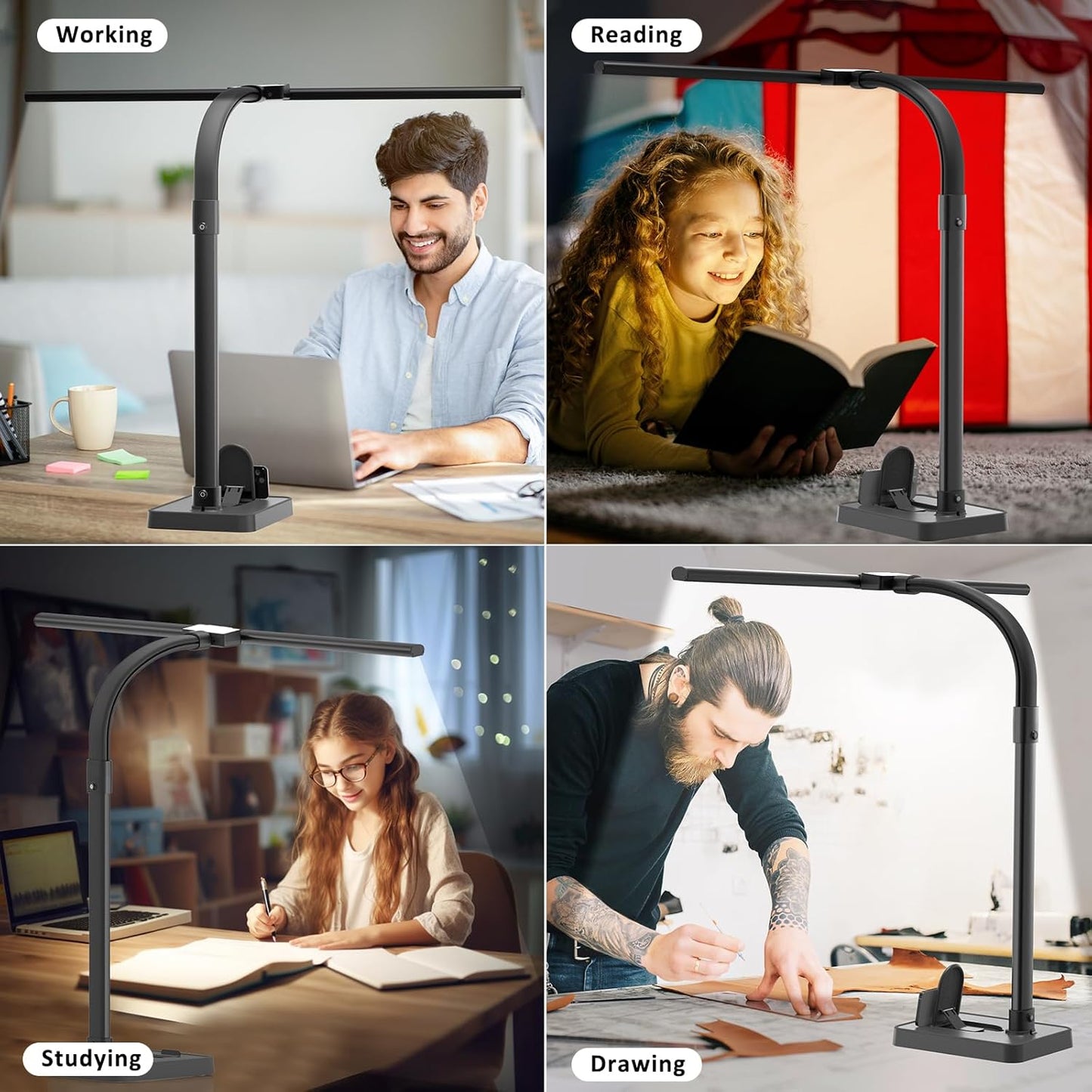 Double Head LED Desk Lamp, Architect Desk Lamps for Home Office, 24W Brightest Workbench Office Lighting-5 Color Modes and 5 Dimmable Eye Protection Modern Desk Lamp (Black-Desktop, Big)