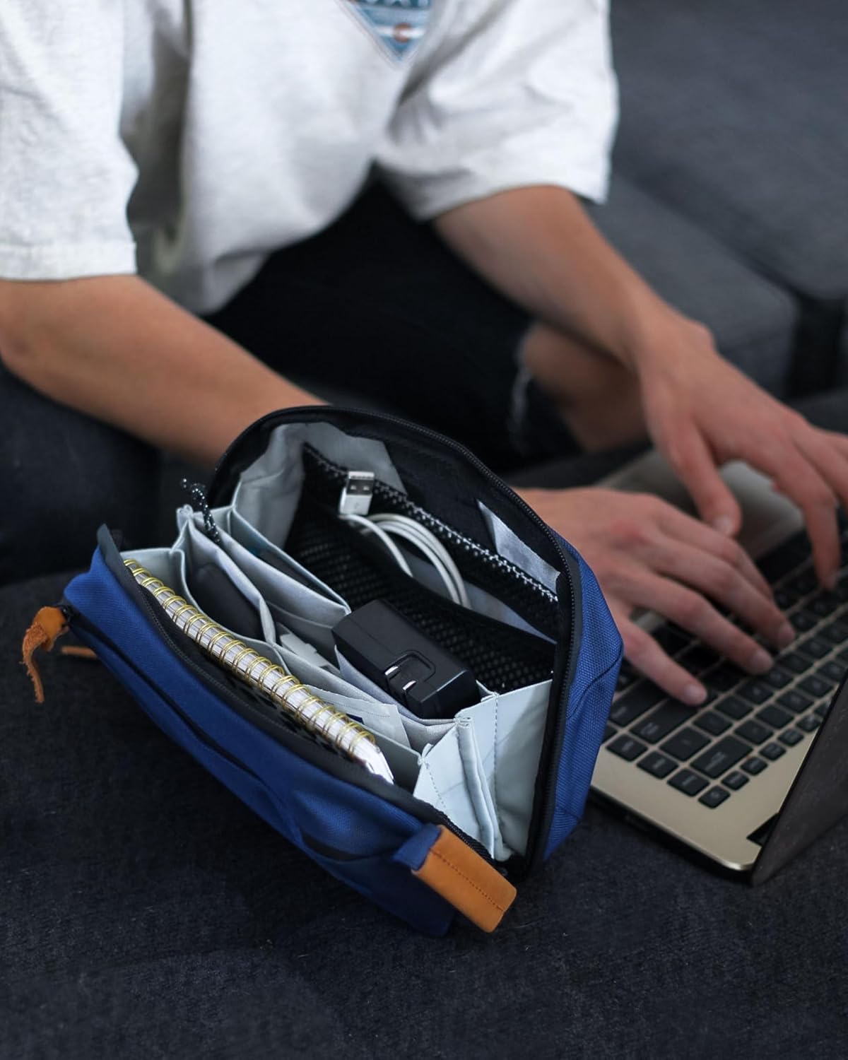 Tech Bag Organizer - Small Electronics Organizer Pouch for Travel - Premium Travel Case with Leather Accents - Mesh Pocket for Cables, Cords and Chargers (Black)