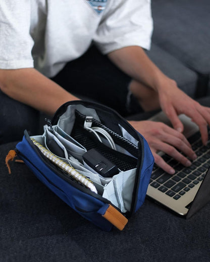 Tech Bag Organizer - Small Electronics Organizer Pouch for Travel - Premium Travel Case with Leather Accents - Mesh Pocket for Cables, Cords and Chargers (Black)