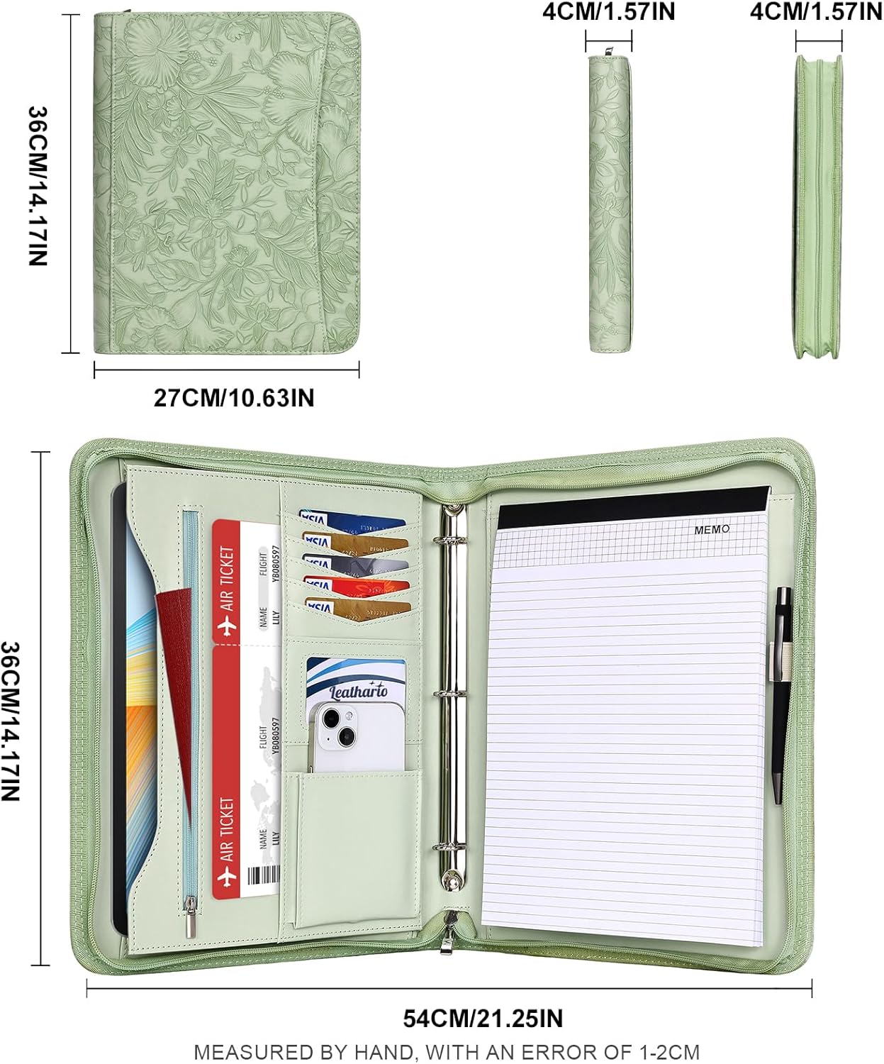Leathario Portfolio Binder, Includes 10 Sheet Protectors and 3 Notepads, 3-Ring Folder Organizer, A4 Padfolio with Zipper, Vegan Leather Tablet Sleeve, Business Office Conference Clipboards