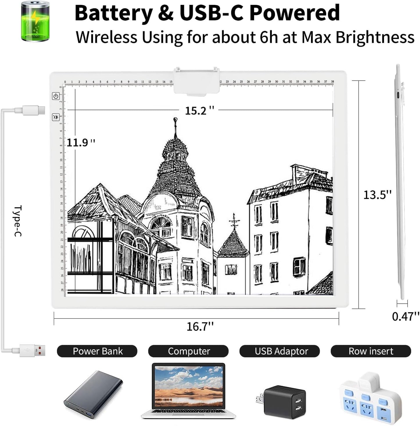 A4 Wireless LED Light Pad with Carry Bag, Innovative Stand and Top Clip, TOHETO Rechargeable Light Box Stepless Dimmable and 6 Levels Brightness Cordless Light Board for Tracing Weeding Vinyl (Black)