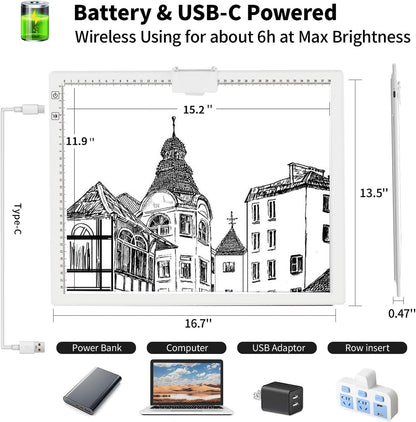 A4 Wireless LED Light Pad with Carry Bag, Innovative Stand and Top Clip, TOHETO Rechargeable Light Box Stepless Dimmable and 6 Levels Brightness Cordless Light Board for Tracing Weeding Vinyl (Black)