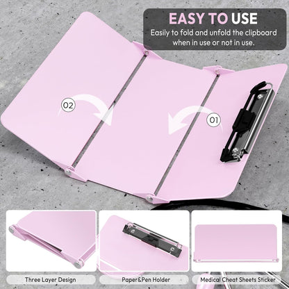 Nursing Clipboard Foldable, Foldable Clipboard w/Nursing Edition Cheat Charts,3 Layers Aluminum, Nurse Clip Board w/Low Profile Clip&Pen Clip Pocket for Nurses and Doctors,Light Blue