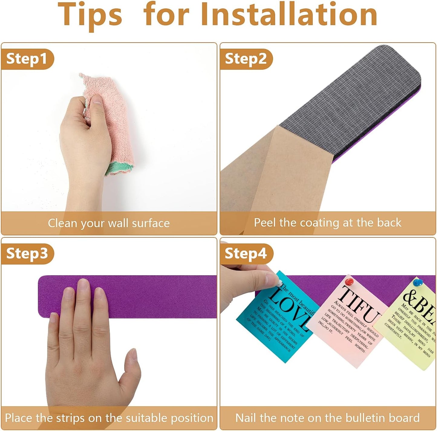 Felt Pin Board Bar Strips Bulletin Board for Bedrooms Offices Home Wall Decoration, Notice Board Self Adhesive Cork Board with 35 Push Pins for Paste Notes, Photos, Schedules