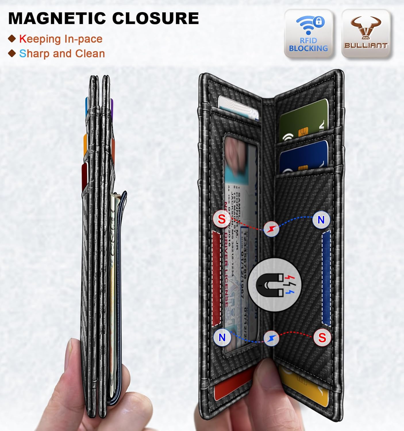 BULLIANT Men Airtag Wallet,Slim Wallet Money Clip Card Holder Magnetic Closure 12 Cards in Front Pocket RFID Blocking