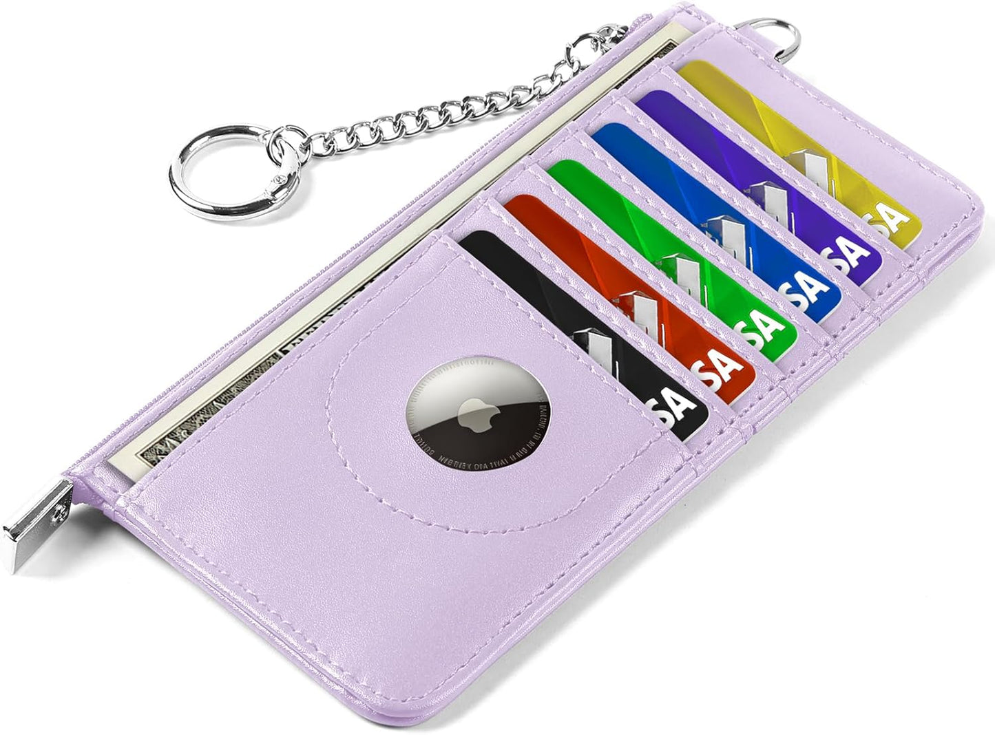 RFID Blocking Slim Credit Card Holder Wallet with Zipper Money Pocket & Keychain, Slim Airtag Wallet for Men Women