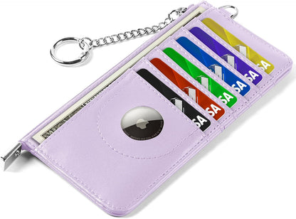 RFID Blocking Slim Credit Card Holder Wallet with Zipper Money Pocket & Keychain, Slim Airtag Wallet for Men Women